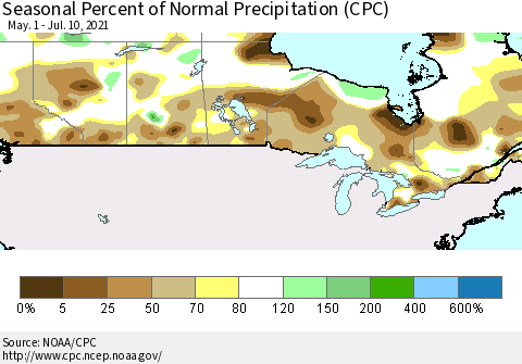 Canada Seasonal Percent of Normal Precipitation (CPC) Thematic Map For 5/1/2021 - 7/10/2021