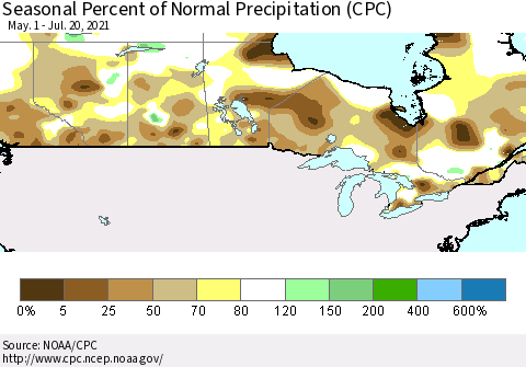 Canada Seasonal Percent of Normal Precipitation (CPC) Thematic Map For 5/1/2021 - 7/20/2021