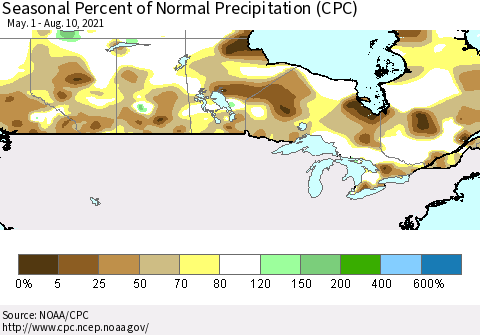 Canada Seasonal Percent of Normal Precipitation (CPC) Thematic Map For 5/1/2021 - 8/10/2021
