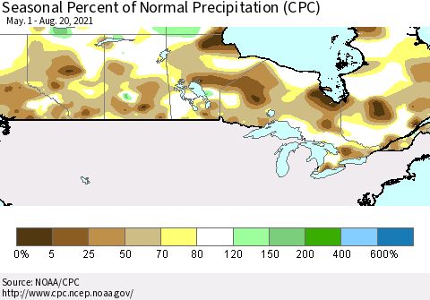 Canada Seasonal Percent of Normal Precipitation (CPC) Thematic Map For 5/1/2021 - 8/20/2021