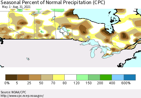 Canada Seasonal Percent of Normal Precipitation (CPC) Thematic Map For 5/1/2021 - 8/31/2021
