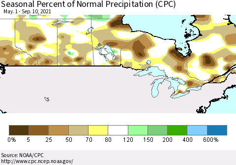 Canada Seasonal Percent of Normal Precipitation (CPC) Thematic Map For 5/1/2021 - 9/10/2021