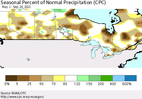 Canada Seasonal Percent of Normal Precipitation (CPC) Thematic Map For 5/1/2021 - 9/20/2021