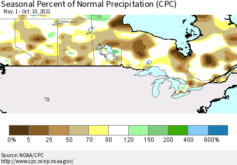 Canada Seasonal Percent of Normal Precipitation (CPC) Thematic Map For 5/1/2021 - 10/10/2021