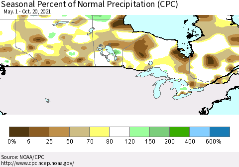 Canada Seasonal Percent of Normal Precipitation (CPC) Thematic Map For 5/1/2021 - 10/20/2021