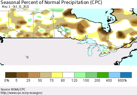 Canada Seasonal Percent of Normal Precipitation (CPC) Thematic Map For 5/1/2021 - 10/31/2021
