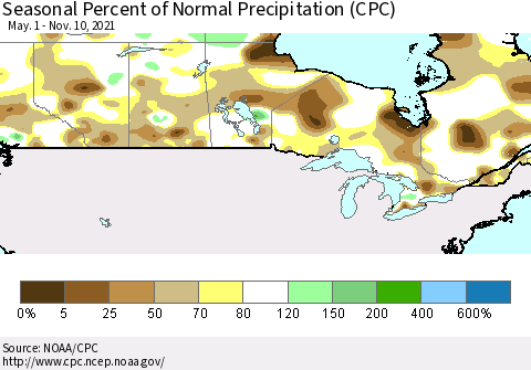 Canada Seasonal Percent of Normal Precipitation (CPC) Thematic Map For 5/1/2021 - 11/10/2021