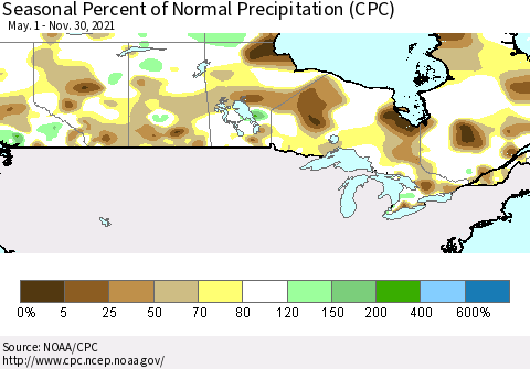 Canada Seasonal Percent of Normal Precipitation (CPC) Thematic Map For 5/1/2021 - 11/30/2021