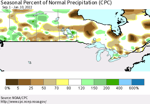 Canada Seasonal Percent of Normal Precipitation (CPC) Thematic Map For 9/1/2021 - 1/10/2022