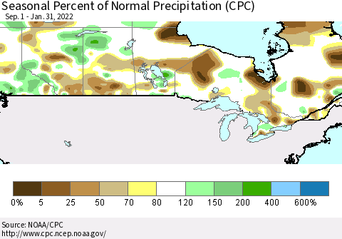 Canada Seasonal Percent of Normal Precipitation (CPC) Thematic Map For 9/1/2021 - 1/31/2022