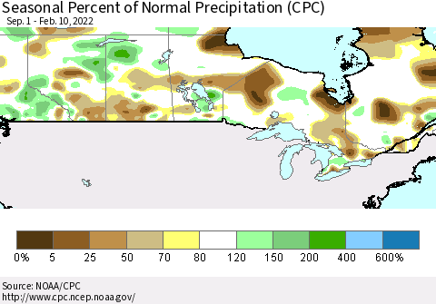 Canada Seasonal Percent of Normal Precipitation (CPC) Thematic Map For 9/1/2021 - 2/10/2022