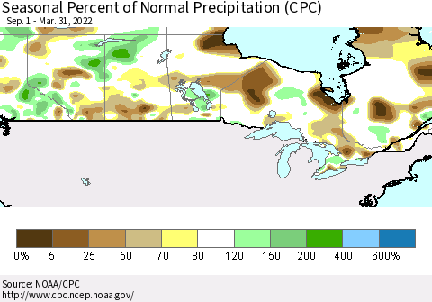 Canada Seasonal Percent of Normal Precipitation (CPC) Thematic Map For 9/1/2021 - 3/31/2022