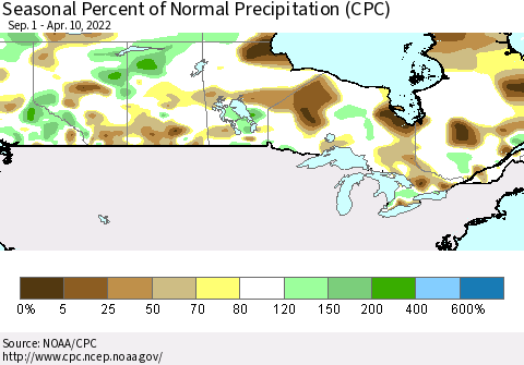 Canada Seasonal Percent of Normal Precipitation (CPC) Thematic Map For 9/1/2021 - 4/10/2022