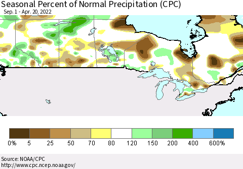 Canada Seasonal Percent of Normal Precipitation (CPC) Thematic Map For 9/1/2021 - 4/20/2022
