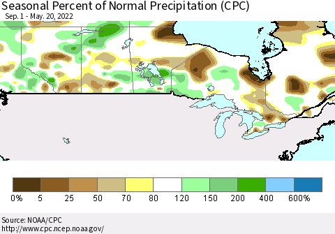 Canada Seasonal Percent of Normal Precipitation (CPC) Thematic Map For 9/1/2021 - 5/20/2022