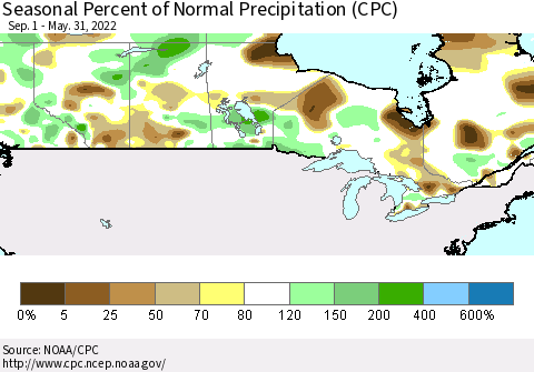 Canada Seasonal Percent of Normal Precipitation (CPC) Thematic Map For 9/1/2021 - 5/31/2022