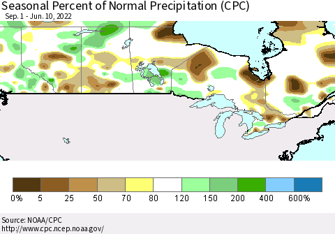 Canada Seasonal Percent of Normal Precipitation (CPC) Thematic Map For 9/1/2021 - 6/10/2022