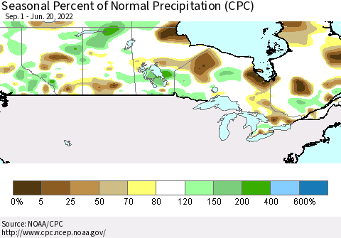 Canada Seasonal Percent of Normal Precipitation (CPC) Thematic Map For 9/1/2021 - 6/20/2022
