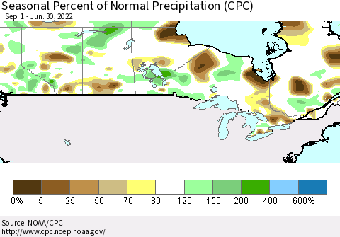 Canada Seasonal Percent of Normal Precipitation (CPC) Thematic Map For 9/1/2021 - 6/30/2022