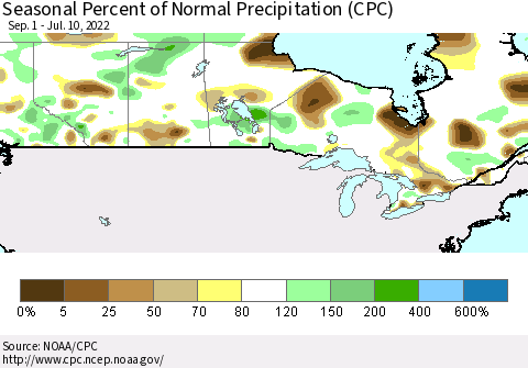 Canada Seasonal Percent of Normal Precipitation (CPC) Thematic Map For 9/1/2021 - 7/10/2022