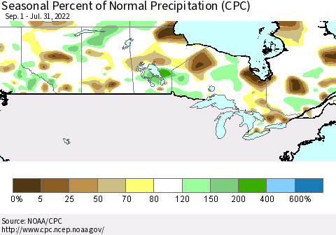 Canada Seasonal Percent of Normal Precipitation (CPC) Thematic Map For 9/1/2021 - 7/31/2022