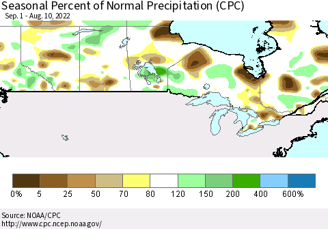 Canada Seasonal Percent of Normal Precipitation (CPC) Thematic Map For 9/1/2021 - 8/10/2022