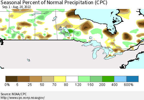 Canada Seasonal Percent of Normal Precipitation (CPC) Thematic Map For 9/1/2021 - 8/20/2022