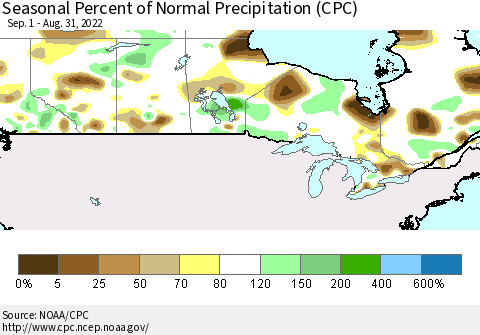 Canada Seasonal Percent of Normal Precipitation (CPC) Thematic Map For 9/1/2021 - 8/31/2022