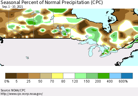 Canada Seasonal Percent of Normal Precipitation (CPC) Thematic Map For 9/1/2021 - 9/10/2021