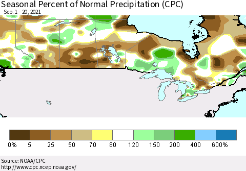 Canada Seasonal Percent of Normal Precipitation (CPC) Thematic Map For 9/1/2021 - 9/20/2021