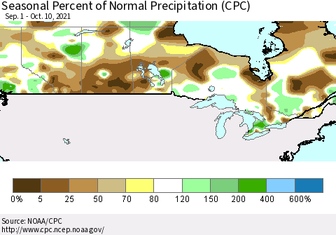 Canada Seasonal Percent of Normal Precipitation (CPC) Thematic Map For 9/1/2021 - 10/10/2021