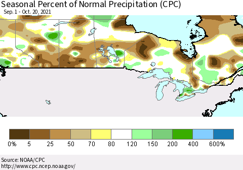 Canada Seasonal Percent of Normal Precipitation (CPC) Thematic Map For 9/1/2021 - 10/20/2021