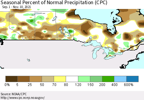 Canada Seasonal Percent of Normal Precipitation (CPC) Thematic Map For 9/1/2021 - 11/10/2021
