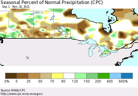 Canada Seasonal Percent of Normal Precipitation (CPC) Thematic Map For 9/1/2021 - 11/20/2021