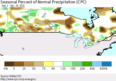 Canada Seasonal Percent of Normal Precipitation (CPC) Thematic Map For 9/1/2021 - 12/10/2021