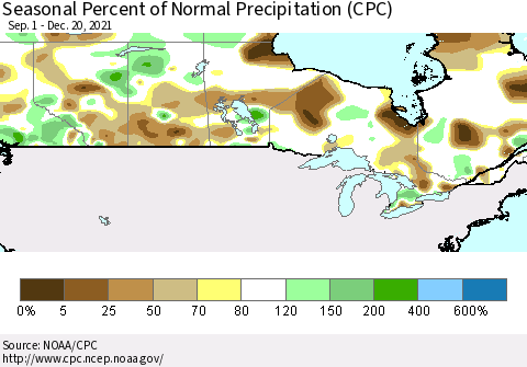 Canada Seasonal Percent of Normal Precipitation (CPC) Thematic Map For 9/1/2021 - 12/20/2021
