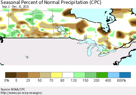 Canada Seasonal Percent of Normal Precipitation (CPC) Thematic Map For 9/1/2021 - 12/31/2021