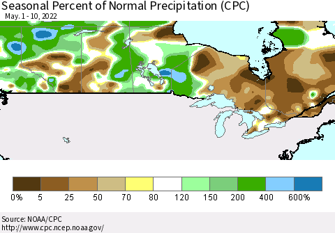 Canada Seasonal Percent of Normal Precipitation (CPC) Thematic Map For 5/1/2022 - 5/10/2022