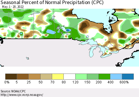 Canada Seasonal Percent of Normal Precipitation (CPC) Thematic Map For 5/1/2022 - 5/20/2022