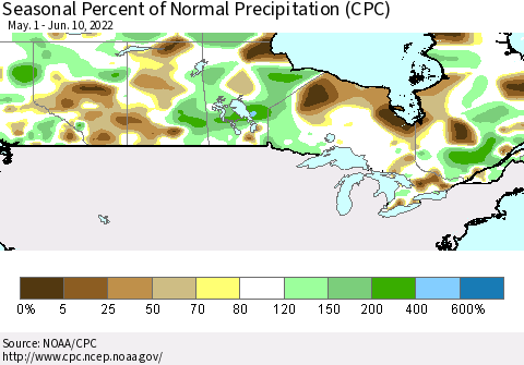 Canada Seasonal Percent of Normal Precipitation (CPC) Thematic Map For 5/1/2022 - 6/10/2022