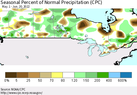 Canada Seasonal Percent of Normal Precipitation (CPC) Thematic Map For 5/1/2022 - 6/20/2022