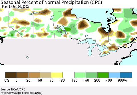 Canada Seasonal Percent of Normal Precipitation (CPC) Thematic Map For 5/1/2022 - 7/10/2022