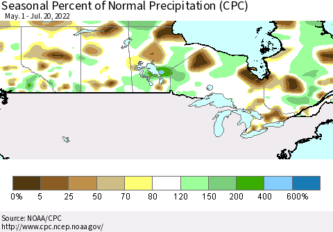Canada Seasonal Percent of Normal Precipitation (CPC) Thematic Map For 5/1/2022 - 7/20/2022