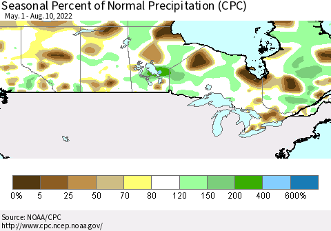 Canada Seasonal Percent of Normal Precipitation (CPC) Thematic Map For 5/1/2022 - 8/10/2022