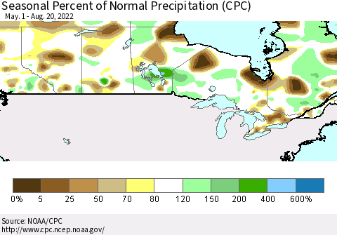 Canada Seasonal Percent of Normal Precipitation (CPC) Thematic Map For 5/1/2022 - 8/20/2022