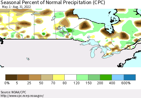Canada Seasonal Percent of Normal Precipitation (CPC) Thematic Map For 5/1/2022 - 8/31/2022