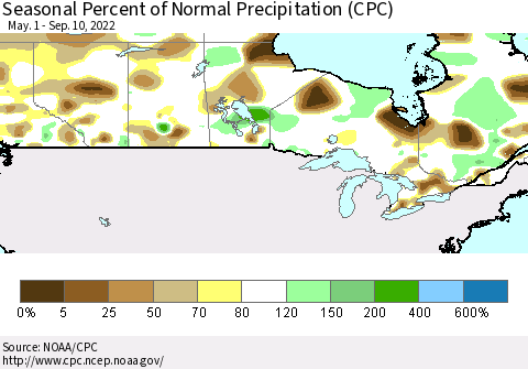 Canada Seasonal Percent of Normal Precipitation (CPC) Thematic Map For 5/1/2022 - 9/10/2022