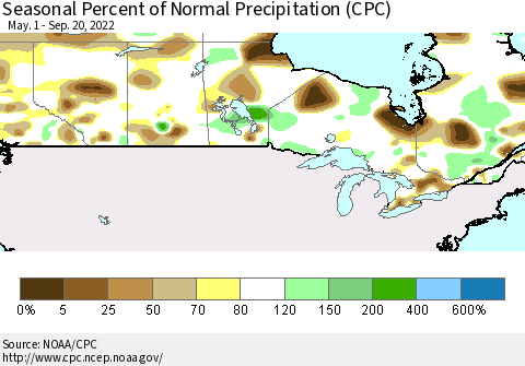 Canada Seasonal Percent of Normal Precipitation (CPC) Thematic Map For 5/1/2022 - 9/20/2022