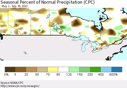 Canada Seasonal Percent of Normal Precipitation (CPC) Thematic Map For 5/1/2022 - 9/30/2022