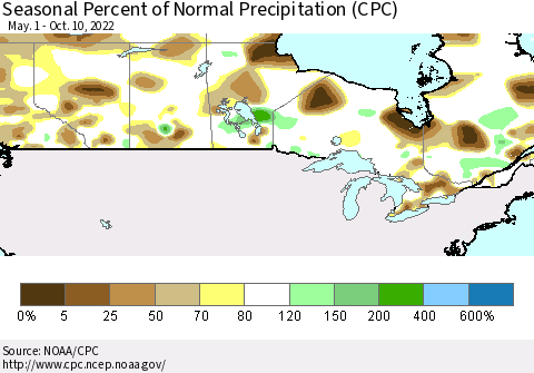 Canada Seasonal Percent of Normal Precipitation (CPC) Thematic Map For 5/1/2022 - 10/10/2022